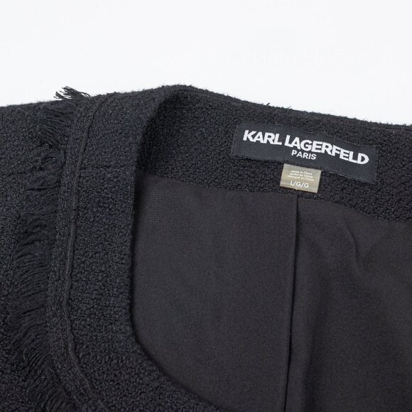 Karl Lagerfeld París Tweed Frayed Fringe Jacket Black Sz Large - Picture 4 of 8